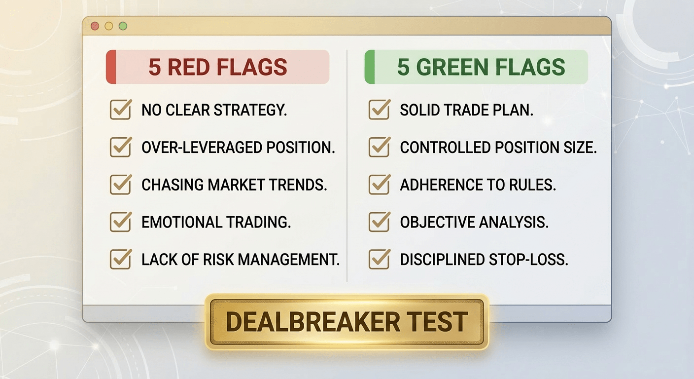 5 red flags and 5 green flags for crypto Telegram signal channels with dealbreaker test highlighted