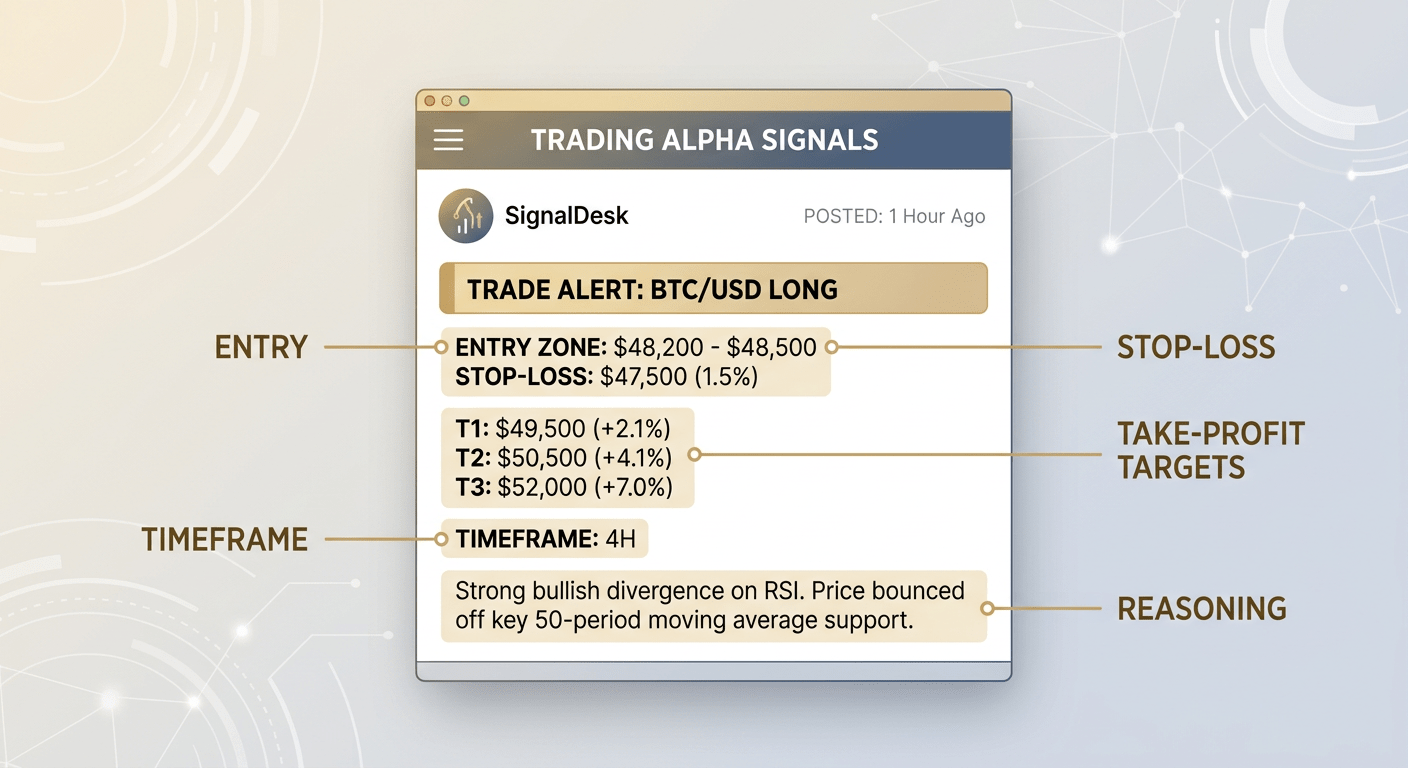 Annotated example of a legitimate crypto trading signal with entry stop-loss and take-profit levels