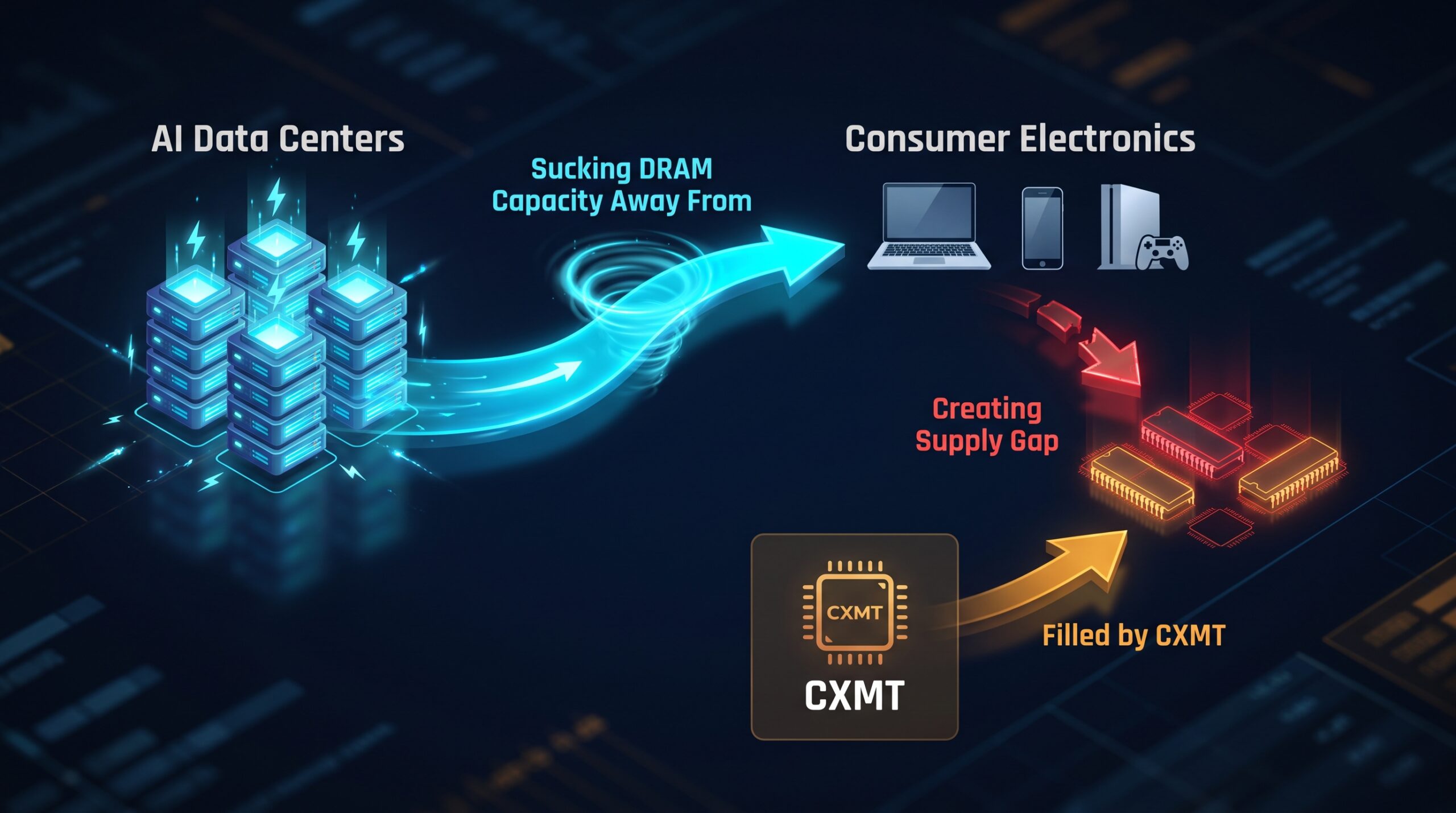 AI data centers consuming DRAM capacity causing consumer memory chip shortage
