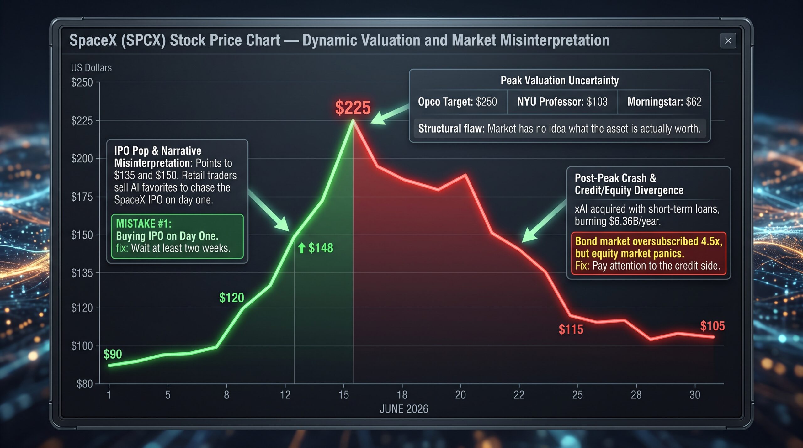 SpaceX stock price chart showing IPO pop and post-IPO crash — spacex valuation uncertainty