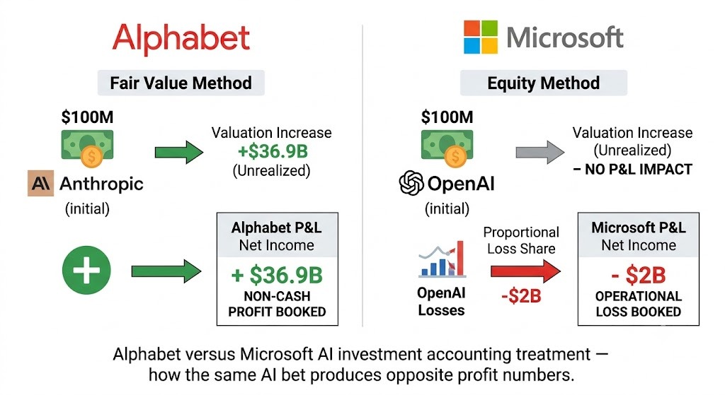 Alphabet versus Microsoft AI investment accounting treatment — how the same AI bet produces opposite profit numbers