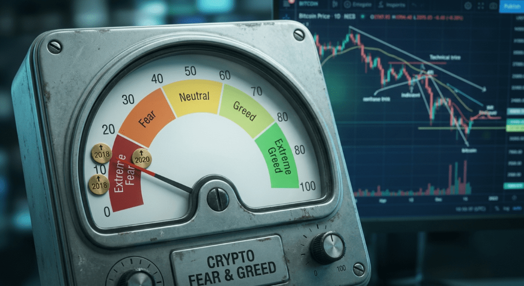 Crypto Fear and Greed Index scale from 0 to 100 with Extreme Fear buy zone highlighted