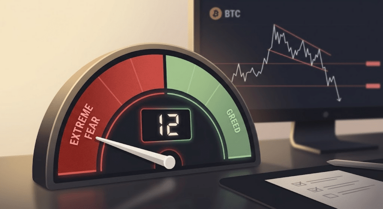 Crypto Fear and Greed Index showing Extreme Fear while Bitcoin breaks below bear flag structure