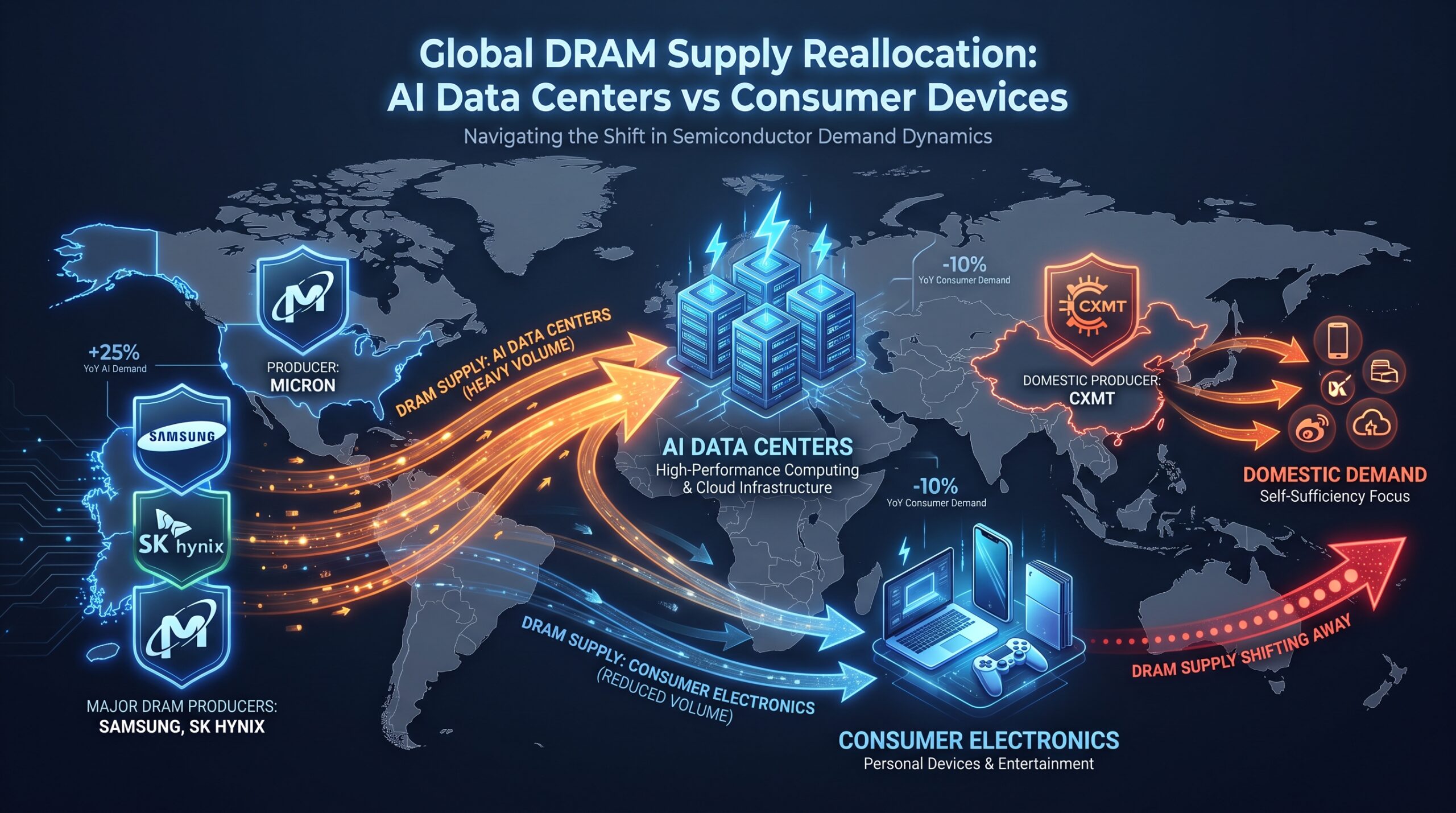 Global DRAM supply chain map showing memory chip flow from Samsung SK Hynix Micron to AI data centers