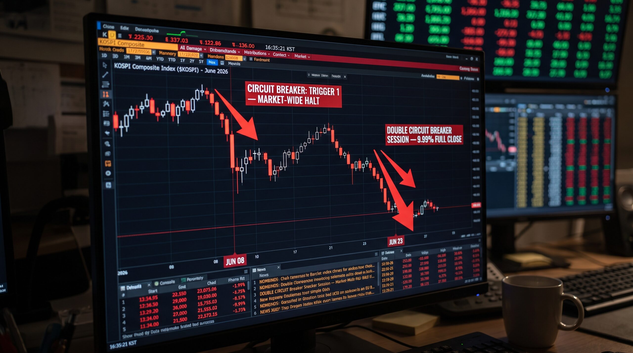 KOSPI index chart showing three circuit breaker crashes in June 2026 — AI bubble correction
