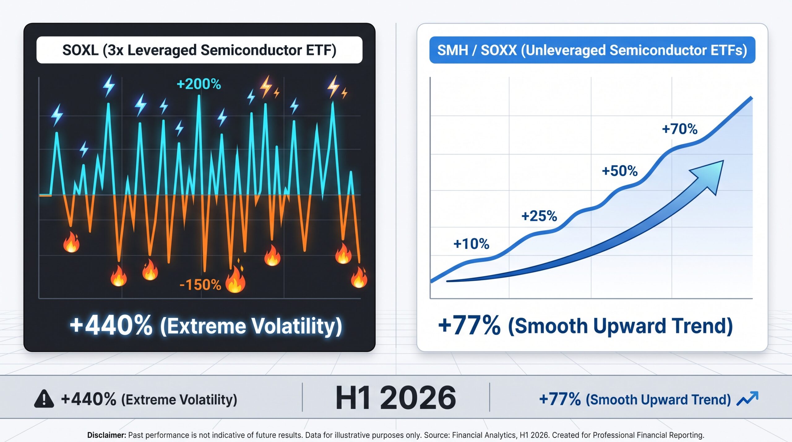 SOXL leveraged ETF volatility compared to SMH SOXX semiconductor ETF performance in 2026