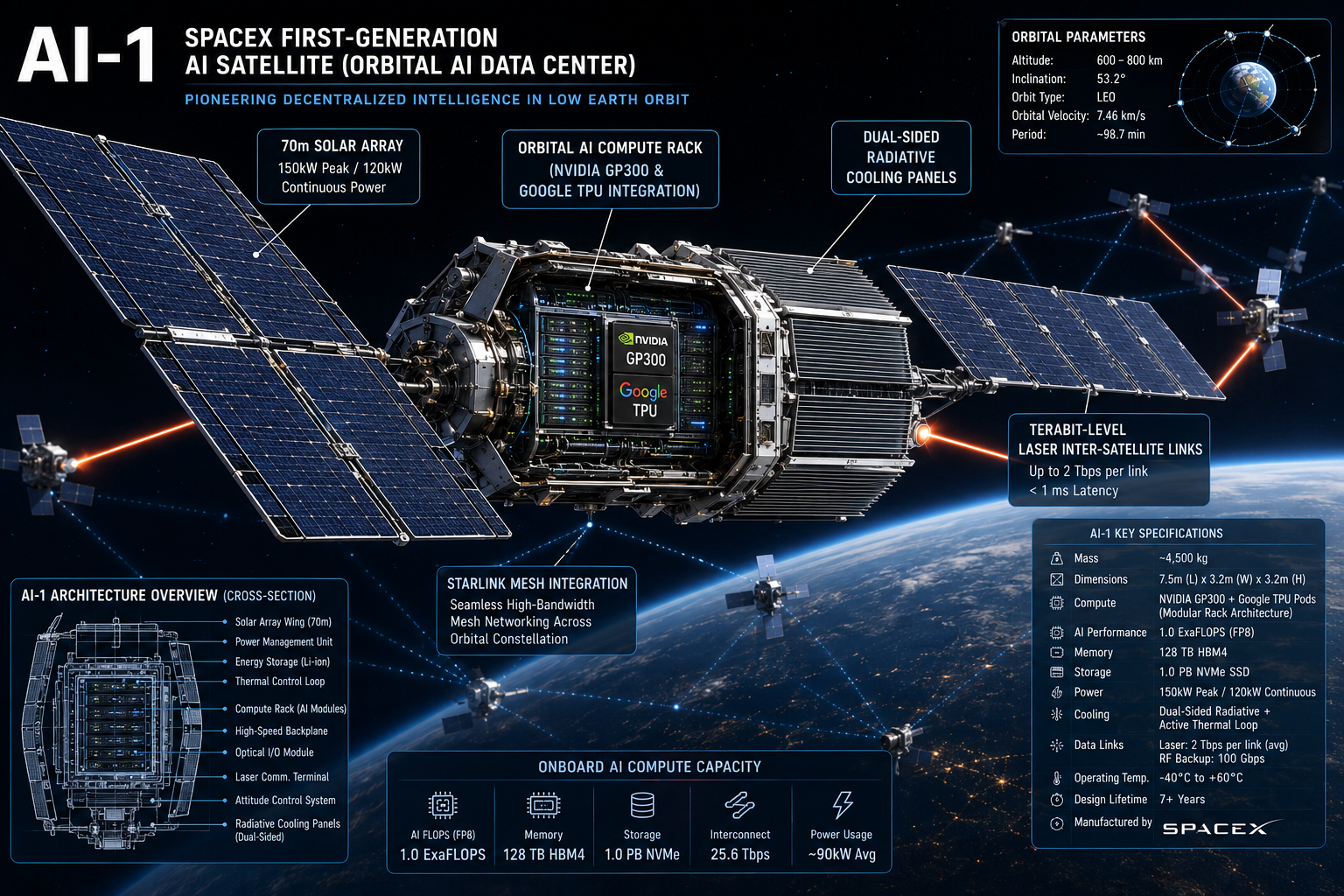 SpaceX AI-1 orbital data center satellite 150kW solar powered diagram Kardashev scale