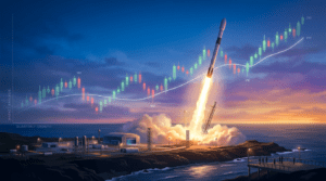 SpaceX IPO analysis — Falcon 9 rocket launch with financial data overlay