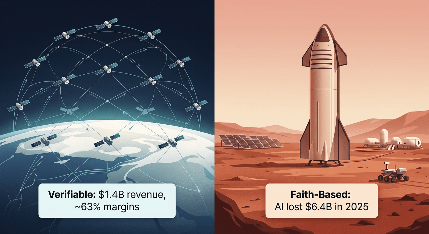 SpaceX IPO verifiable vs faith-based business split diagram Starlink and AI