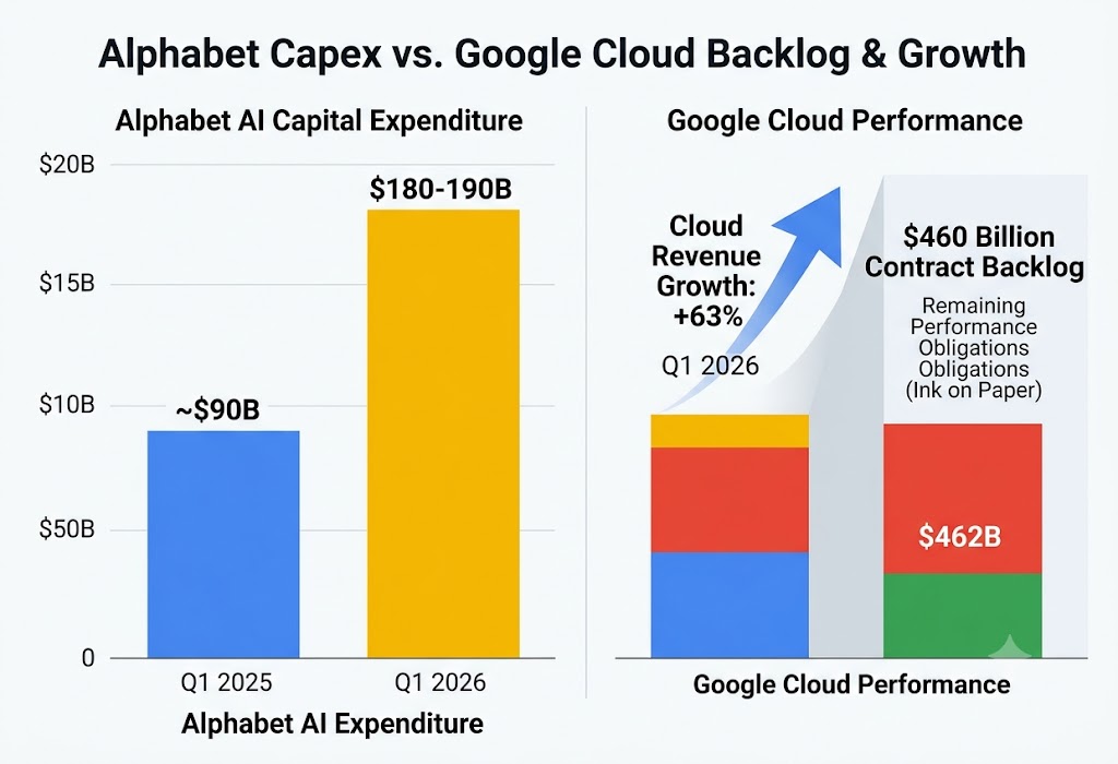 Alphabet AI capital expenditure versus Google Cloud revenue growth and $460 billion contract backlog