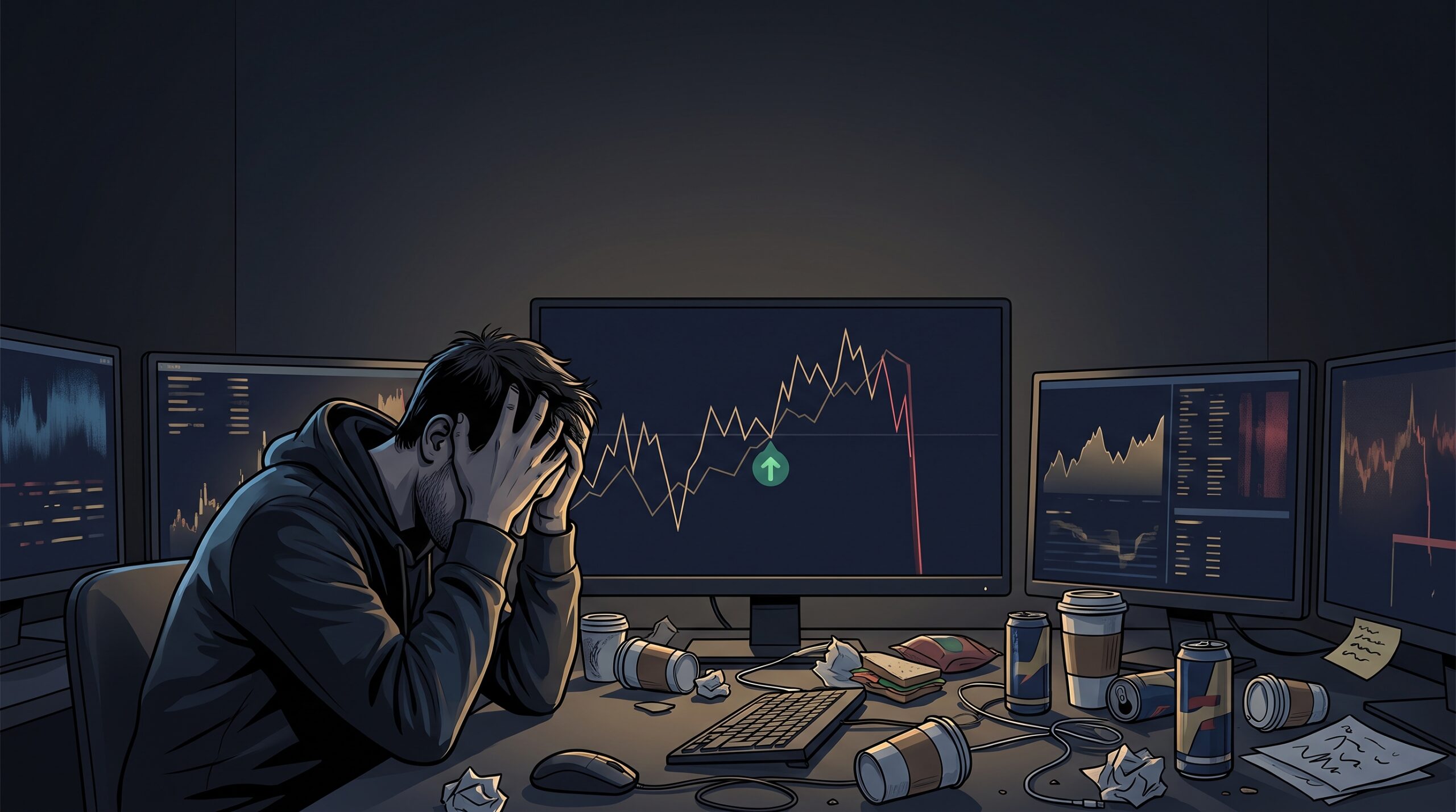 Crypto trader experiencing the frustration of catching a falling knife during market panic