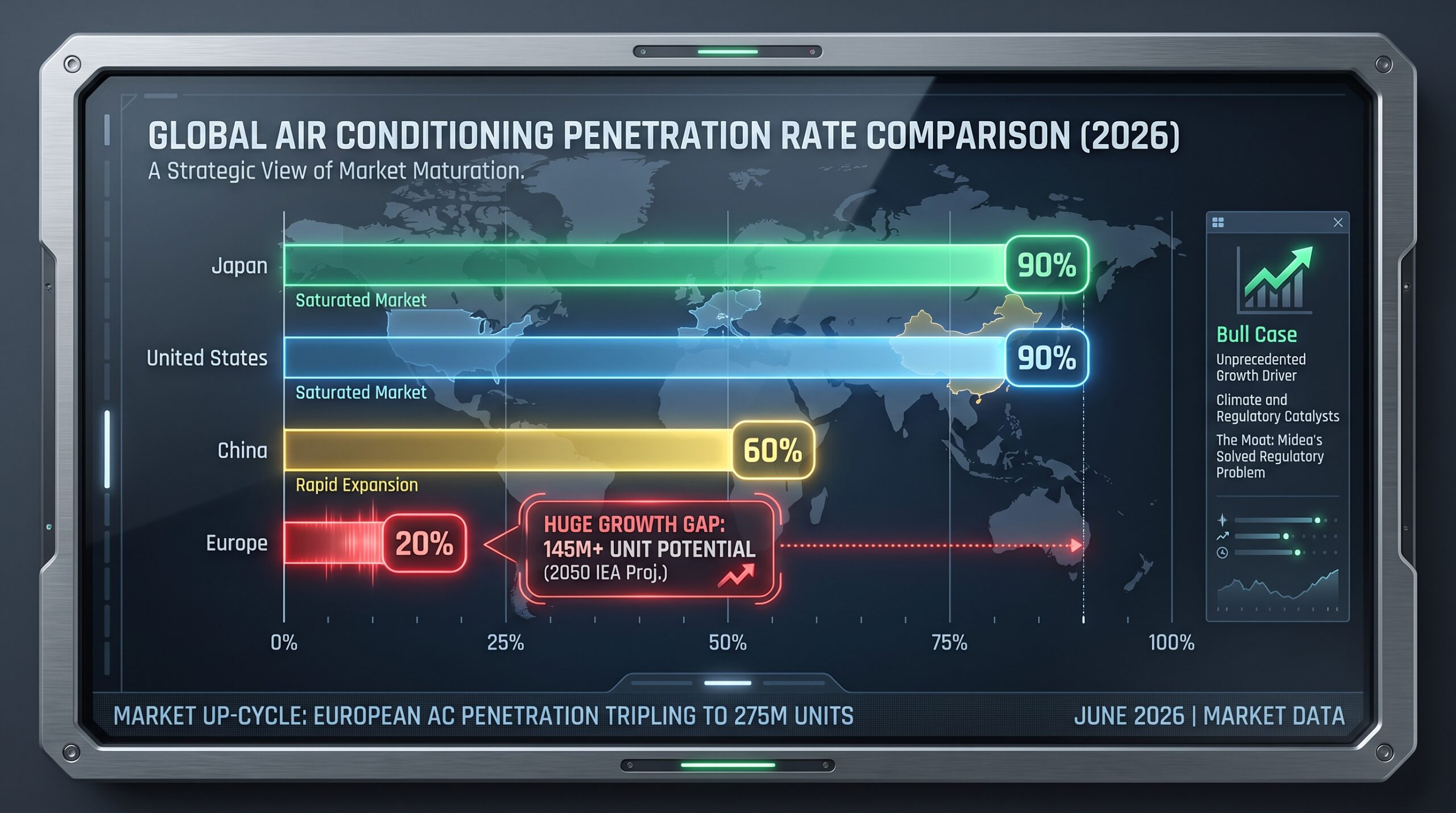 Air conditioning penetration rate comparison — Europe 20% vs United States and Japan at 90%