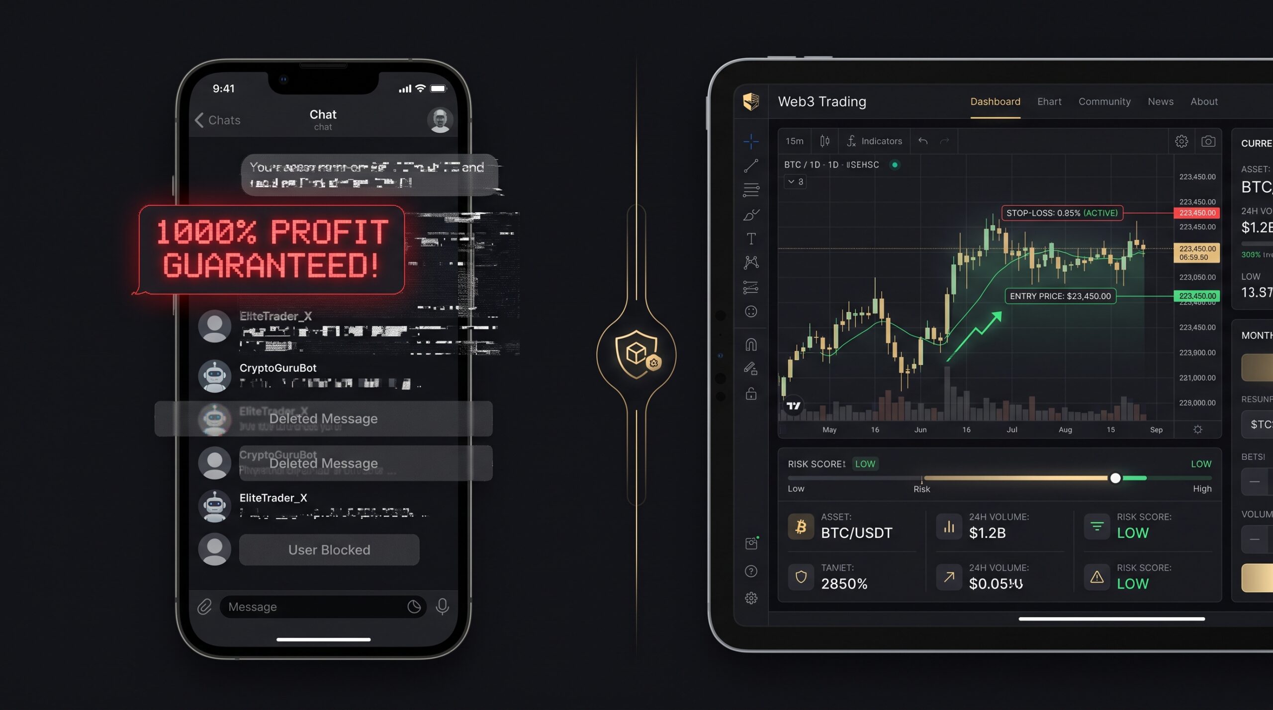 Comparison of fake vs legit Telegram crypto signal channel — deleted messages and fake claims vs transparent trade records