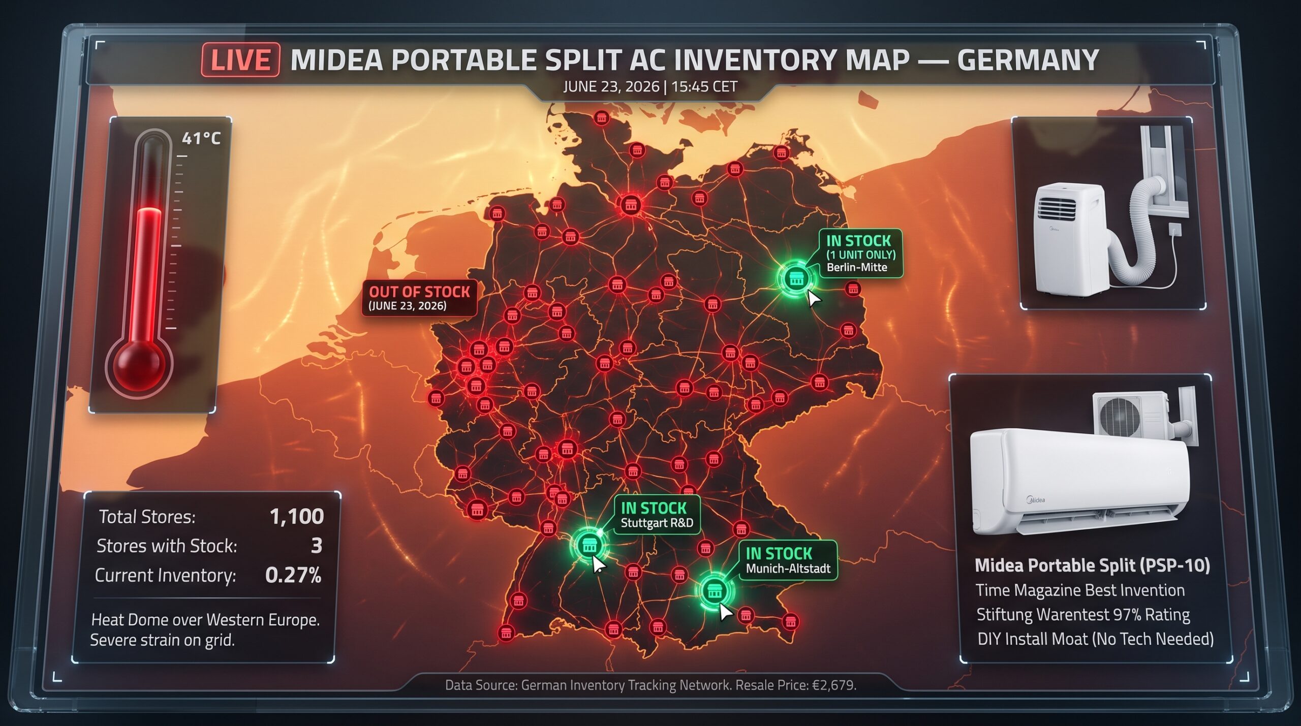 Real-time Midea Portable Split inventory map Germany June 2026 — 1,100 stores, only 3 with stock