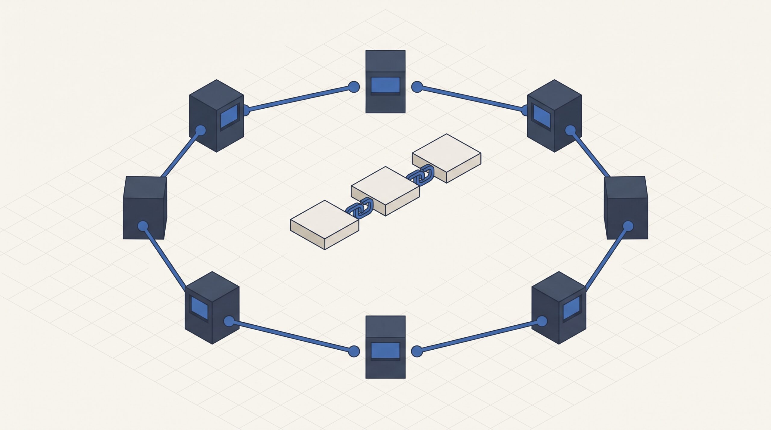 How blockchain distributed ledger works — decentralized node network diagram